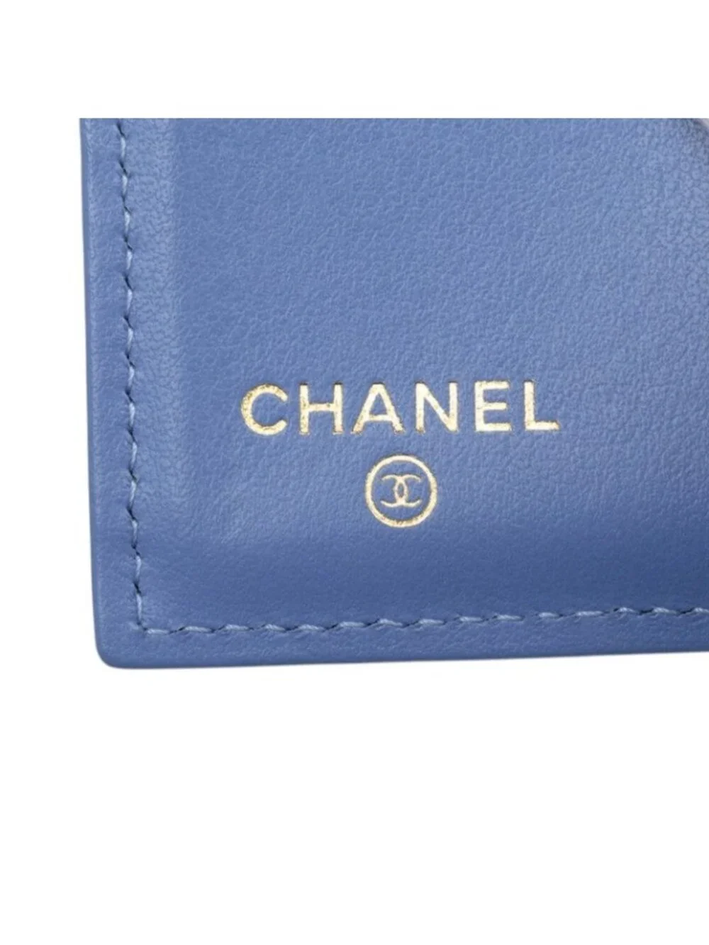 Chanel CC Logo Quilted Trifold Wallet Compact Blue Gold Caviar Leather